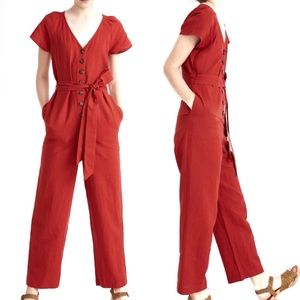 Madewell jumpsuit linen cotton pleat sleeve cinnabar belted